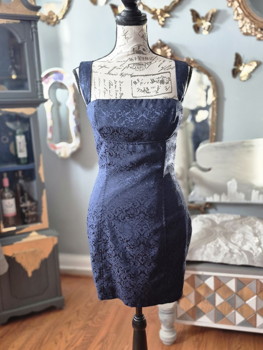 Lucy in the Sky Navy Jacquard Midi Sheath Dress